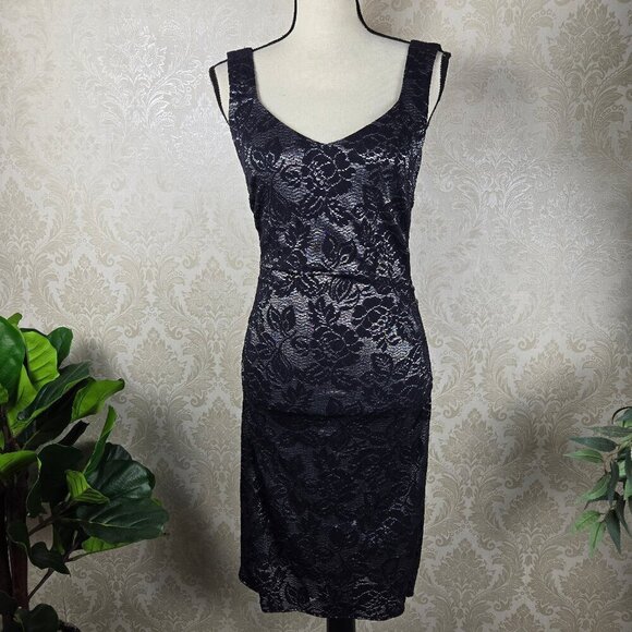 Laundry by Shelli Segal Size 6 Black Silver Bodycon Cocktail Dress Lace Pattern - Picture 1 of 16